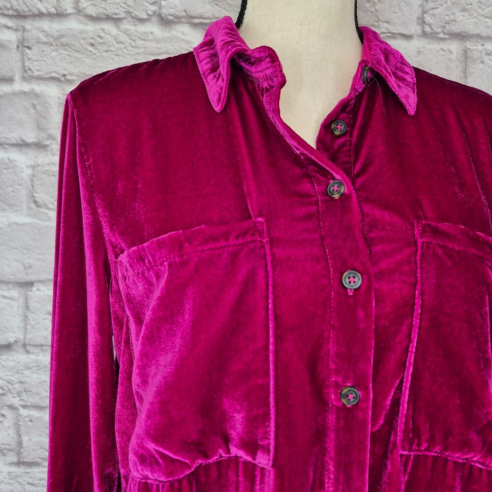 Anthropologie Pilcro Hadley Relaxed Crushed Velvet Button Down Shirt Magenta S - Picture 4 of 10